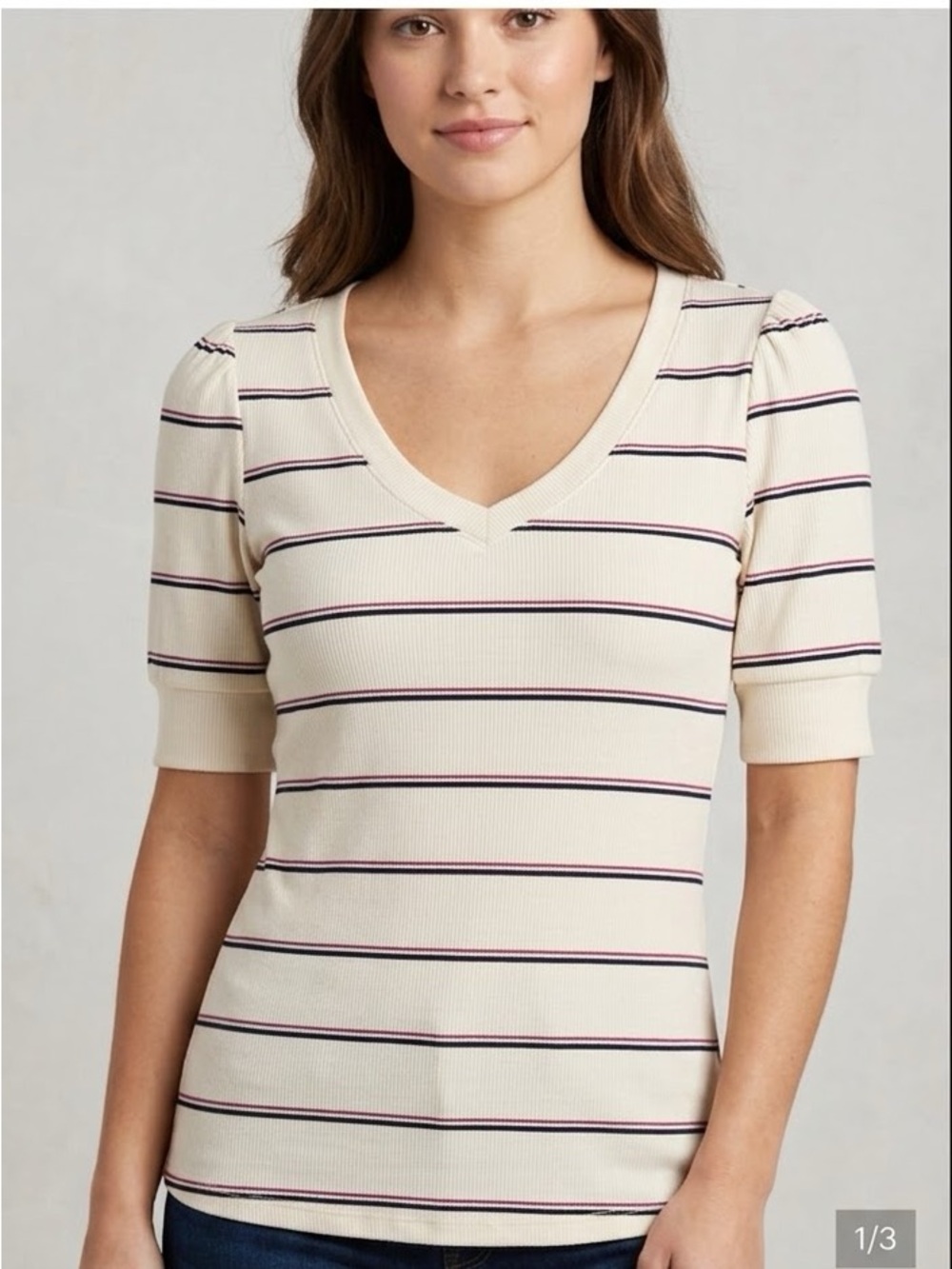 Falls Creek Cream Short Sleeve V-Neck Stripe Tee with Navy Lines
